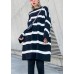 Cozy black white striped knitwear o neck baggy sweater tops