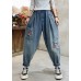 Beautiful Denim Blue Floral Embroideried Elastic Waist Pockets Cotton Harem Pants Summer