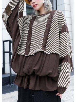 Oversized chocolate striped box top plus size clothing o neck ruffles patchwork knit sweat tops